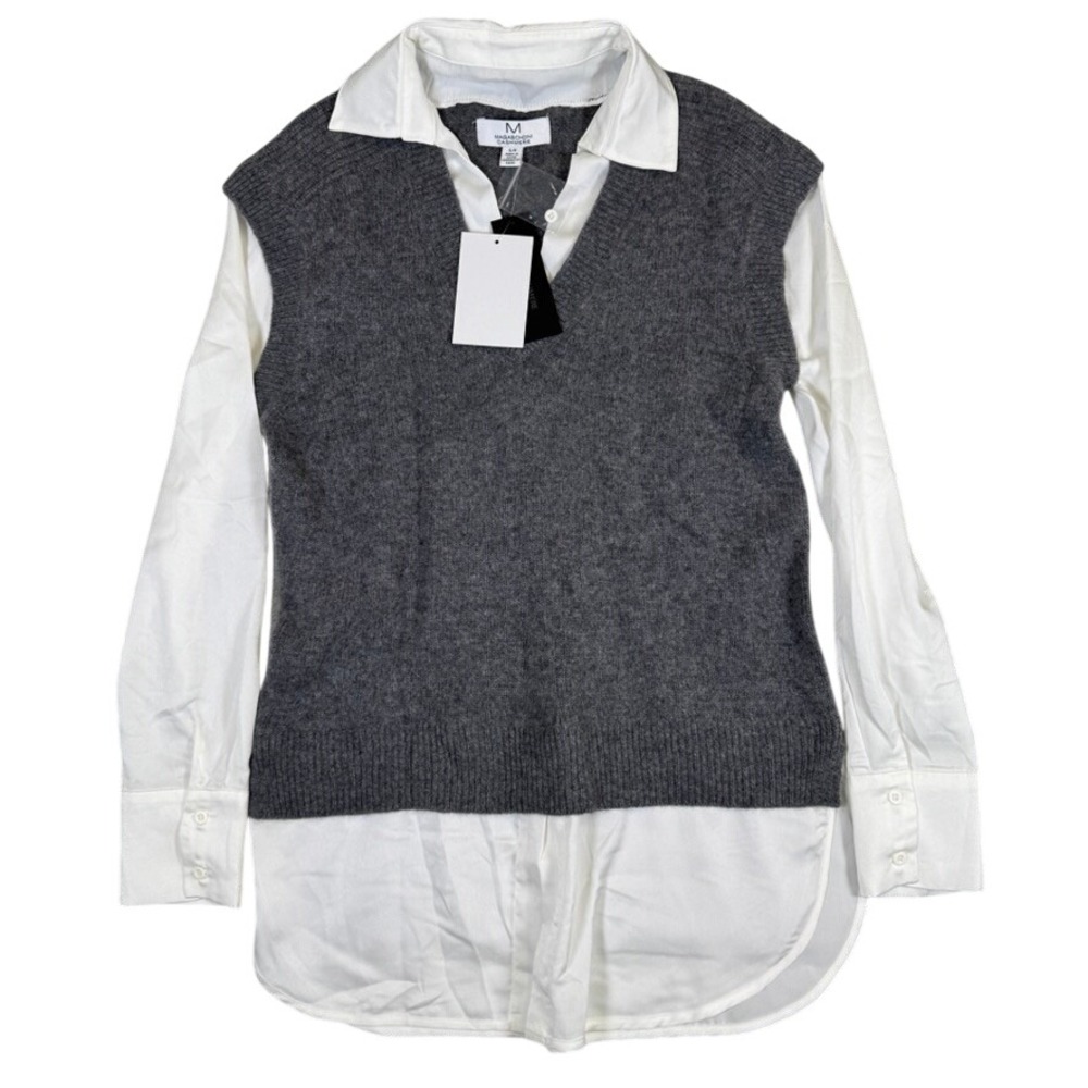NWT Magaschoni Cashmere Grey Sweater Vest White Shirt Layered Top G201402 Small
